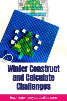 a lego christmas tree with text overlay that reads winter construct and calculate challenges