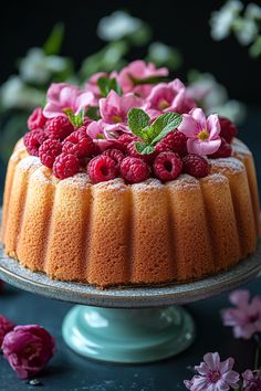 a cake with raspberries and flowers on top