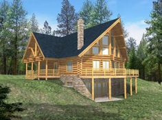 a large log cabin with a wraparound porch