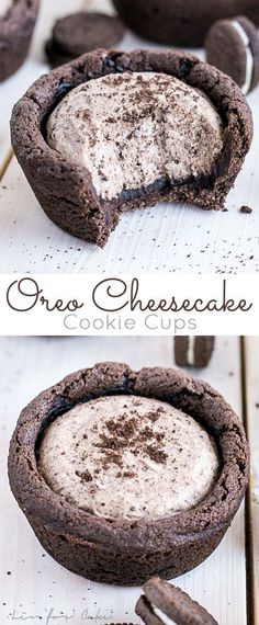 chocolate oreo cheesecake cookie cups on a white wooden table with the crust removed