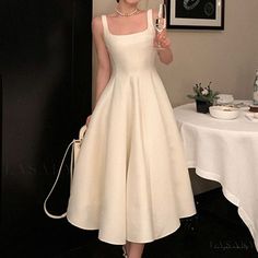 Lasaky - Simple Elegance Adult Evening Party Banquet Satin Host Dress for Wedding Occasion and Everyday Wear White Bachelorette Dress, White Bachelorette, Evening Midi Dress, Prom Midi Dress, Bachelorette Dress, A Line Evening Dress, Weekend Dresses, Pakaian Feminin, Vintage Princess