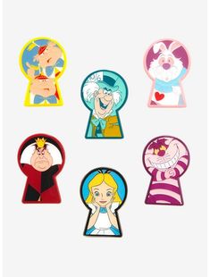 six cartoon magnets in different shapes and sizes, including one with an image of the character