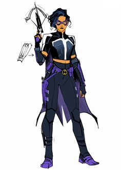 a drawing of a woman in black and purple outfit holding two scissors with one hand