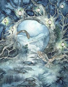 an illustration of two owls flying in front of a tree with lanterns hanging from it's branches