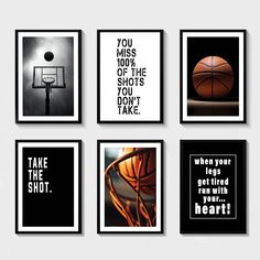 four black and white posters with basketballs on them, one saying you miss the shots don't take