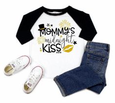 Mommy's Midnight Kiss Boys Jersey, Toddler Girls New Years Eve Shirt, Happy New Years, Mommy's New Years Date, Kiss me at Midnight Raglan 3/4 sleeve Jersey. Size Chart-In Photos 100% Polyester- Feels like super soft Cotton. Washing Instructions: Turn garment inside out. Machine wash COLD with mild detergent. NO bleach. Dry at a normal dryer setting on household machines. Do not dry clean. Instructions apply to the material only, please follow garment washing instructions as well. Join our Email Kiss Me At Midnight, New Years Eve Shirt, Midnight Kisses, Toddler Tutu, Happy New Years, New Years Shirts, Hearts Girl, Purple Baby, First Birthday Outfits