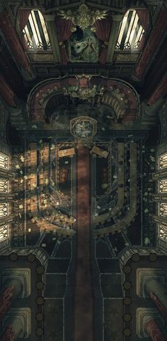 the interior of an old building with lots of windows and decorations on it's walls