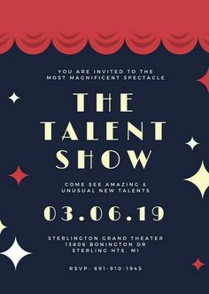 the talent show poster with red and blue background