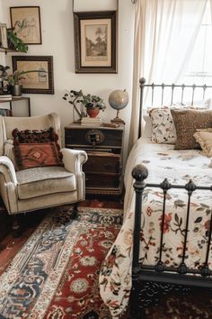 a bed sitting in a bedroom next to a window