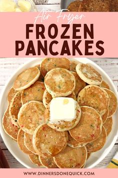 a plate full of frozen pancakes with butter on top and text overlay that reads, how to make frozen pancakes