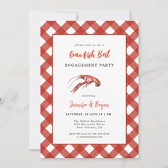 a red and white gingham checkered card with an image of a lobster on it