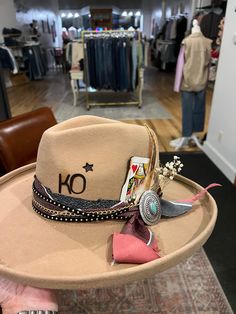 Virtual Custom Hat Bar HATS & HAIR - 103 Moon Child Collective Wool Hat Embellished Cowgirl Hat, Make Your Own Cowgirl Hat, Western Hat Bar, Custom Hat Ideas For Women, Custom Brim Hats, Hat Bar Display, Hat Bar Accessories, Painted Cowboy Hats Diy, How To Make A Hat Band