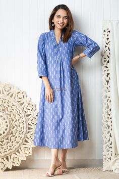 Ikat Dresses For Women, Cotton A Line Dress Indian, A Line Cotton Kurti, Ikat Kurta Designs, White Ikkat Kurti Designs, V Neck Cotton Dress, A Line Cotton Dress, Cotton Ikat Dress, Ikkat Kurta Designs Latest