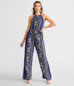 Buckle Black Paisley High Neck Jumpsuit - Blue Large, Women's Navymulti Printed woven jumpsuit Adjustable back neck tie Elasticized waistband Removable waist tie detail Rise measures 12 1/2 Inseam measures 31 Bust measures 35 on size small Body length 56 on size small. 84% Rayon 16% Nylon. Hand wash cold separately. Do not bleach. Lay flat to dry. Low iron if necessary.. WOMEN'S BOTTOMS SIZE CONVERSION CHART Waist (size) 22 23 24 25 26 27 28 29 30 31 32 33 34 36 38 Juniors - 00 0 1 3 5 7 9 11 13 Blue Sleeveless Tie Back Jumpsuit, Sleeveless Blue Jumpsuit With Tie Waist, Blue Sleeveless Jumpsuit With Tie Waist, High Neck Jumpsuit, Crochet Cover Up, Waist Tie, Rompers Women, Apparel Accessories, Jumpsuits For Women