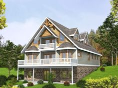 this is an artist's rendering of a house in the woods with stone and wood accents