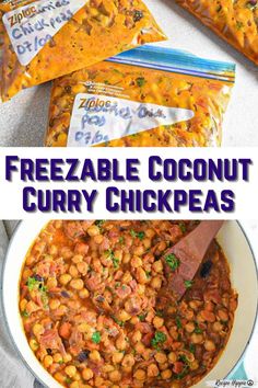 freezeable coconut curry chickpeas in a white bowl with the text overlay