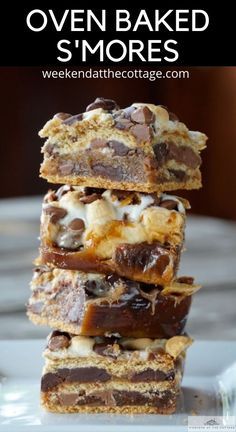 three pieces of chocolate and marshmallow oven baked s'mores stacked on top of each other