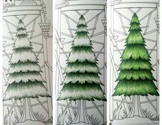 three drawings of trees in different stages of being colored