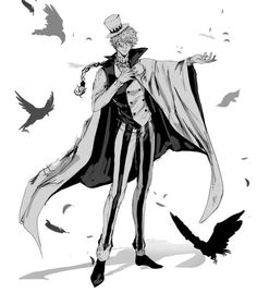 a drawing of a man with a hat and cape standing in front of some birds