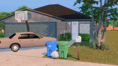 a car parked in front of a house with a basketball hoop on it's roof