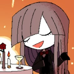 an animated image of a woman sitting at a table in front of candles and wine glasses