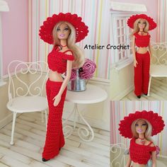 the doll is wearing a red crochet outfit and matching hat with her hair