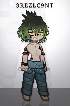 an anime character with green hair standing in front of a white background and text that reads,