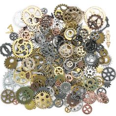 a pile of assorted gears on a white background