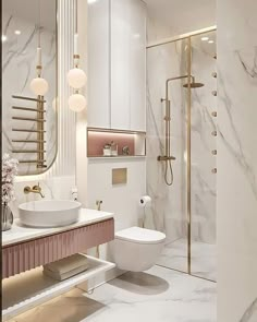 a bathroom with marble walls and flooring in white, gold and pink color scheme