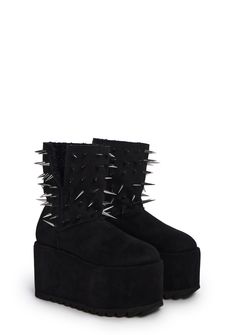 cuz be careful you don’t get pricked. These boots have a faux suede construction, a sherpa lining, spiked detailing, platform soles, and a slip on fit. Black Spiked Winter Platform Boots, Winter Punk Platform Boots With Spikes, Punk Style Spiked Platform Boots For Winter, Edgy Spiked Platform Boots For Winter, Black Winter Boots With Spikes, Edgy Spiked Platform Boots With Round Toe, Edgy Platform Boots With Spikes And Round Toe, Edgy Spiked Round Toe Platform Boots, High-top Spiked Alternative Platform Boots