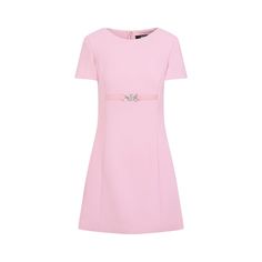 This pale pink mini dress from Versace features a round neck and short sleeves. A tonal strap accentuates the waist with a silver-tone logo, while a back zip fastening ensures a tailored fit.

- Color: Pale pink  
- Neckline: Round  
- Sleeves: Short  
- Waist: Tonal strap with silver-tone logo  
- Closure: Back zip fastening Versace Mini Dress, Vintage Green Dress, Princess Seam Dress, Versace Pink, Pink Mini Dress, Versace Dress, Viscose Dress, Purple Mini Dresses, Mini Dresses For Women