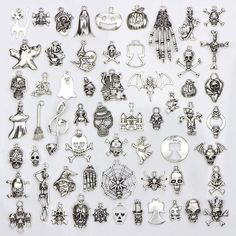 This fun charms set is great for making Halloween jewelry and crafts! You will receive 100 pieces. Material: Antiqued silver alloy Assorted sizes and styles Witch Pendant, Halloween Pendant, Halloween Charms, Halloween Giveaway, Diy Jewelry Findings, Halloween Designs, How To Make Necklaces, Halloween Jewelry, Charm Set