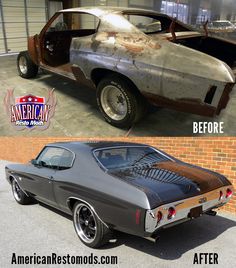 the before and after pictures of an old muscle car