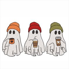 three ghost with coffee cups in their hands and one is wearing a beanie hat