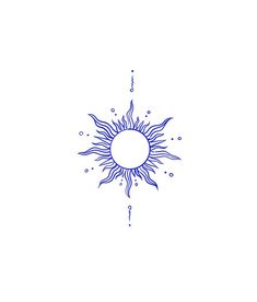 a blue and white drawing of the sun with water drops coming out of it's center