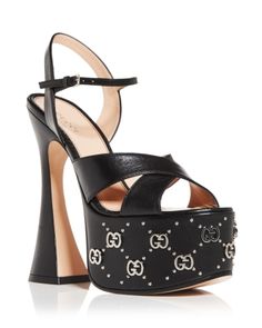 Gucci Women's Gg Embellished Platform High Heel Sandals Designer Ankle Strap Sandals With Rhinestones, Luxury High Heel Embellished Sandals, Luxury Embellished High Heel Sandals, Luxury Gucci Evening Sandals, Designer Embellished Ankle Strap Heels, Designer Embellished Heels With Ankle Strap, Designer Embellished Sandals With Open Heel, Gucci Platform Sandals For Evening, Evening Gucci Platform Sandals