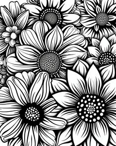 black and white drawing of flowers with large petals on the center, surrounded by smaller ones