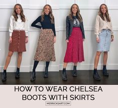 4 Ways to Wear Chelsea Boots With Skirts - Merrick's Art Midi Skirt With Chelsea Boots, Chelsea Boots Skirt, Midi Dress With Boots, Midi Skirt With Boots, Ankle Boots Skirt, Boots With Dresses, Chelsea Boots Dress, Chelsea Boots Outfit, How To Wear Ankle Boots