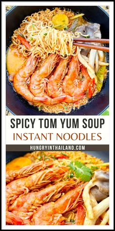 the ingredients for spicy tom yum soup are shown in two separate pictures, including noodles and shrimp