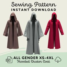 ‼️ BIG SALE ‼️  Save 60% on all orders of 5+ patterns! Code: 3FREE Save 70% on all orders of 10+ patterns! Code: BUY10 Modular Hooded Duster Coat Wizard Robe  ➽ INSTANT DOWNLOAD (Newly Updated! 9/25/24) ✤ THIS IS A DIGITAL DOWNLOAD SEWING PATTERN ✤ Create a Hooded Duster Coat or Cloak for Renaissance Faire Outfits, Monk Robes, Wizard Robes, Biblical or Holiday Performance Costumes, Role-Playing Game Characters, Anime Cosplay, Elven Princess Cloaks, or for your LARP character. Forget having to adapt a bathrobe pattern for your next project! From Medieval Damsels to Sci-Fi Rouges, this sewing pattern has countless uses, adding continual value to your pattern stash. Pattern includes PDF files for 8 sizes for a pack of modular hooded duster coat blocks. Choose from: 2 Lengths: Calf Length or F Cloak Sewing Pattern, Monk Robes, Bathrobe Pattern, Wizard Robe, Biblical Costumes, Hooded Duster, Wizard Robes, Elven Princess, Drape Sleeves