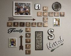 the wall is covered with many different types of magnets and pictures, including letters