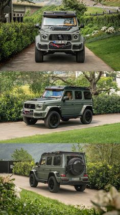 four different views of the front and rear end of a green jeep parked on a driveway