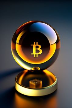 a golden bitcoin sitting on top of a black table next to a gold cube