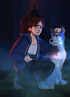 a woman kneeling down next to a dog in the dark with her hand on her chest