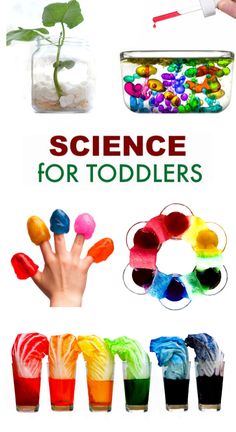 the science for toddlers book is shown with different colored objects in glass containers and hands