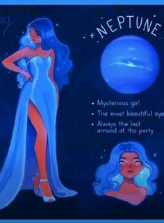 an image of a woman in a blue dress next to a planet with stars on it