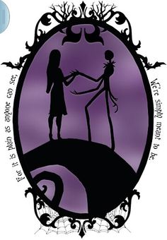 the silhouette of two people holding hands in front of a purple background with black and white lettering