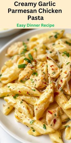 creamy garlic parmesan chicken pasta on a white plate