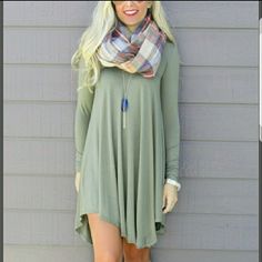 Long Sleeve Dress In Beautiful Sage Color With Assymetrical Hem Casual Solid Midi Dress With Asymmetrical Hem, Casual Asymmetrical Hem Dress, Casual Dresses With Asymmetrical Hem, Casual Asymmetrical Dress For Fall, Chic Asymmetrical Long Sleeve Dress For Fall, Green Fitted Asymmetrical Dress With Long Sleeves, Solid Color High-low Hem Spring Dress, Casual Asymmetrical Fall Dresses, Elegant Fall Dresses With High-low Hem