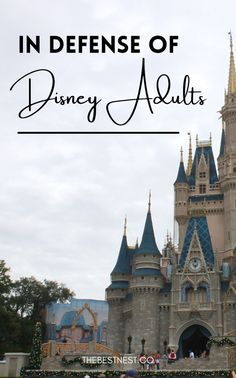 a castle with the words in defense of disney's adults on it and people standing outside